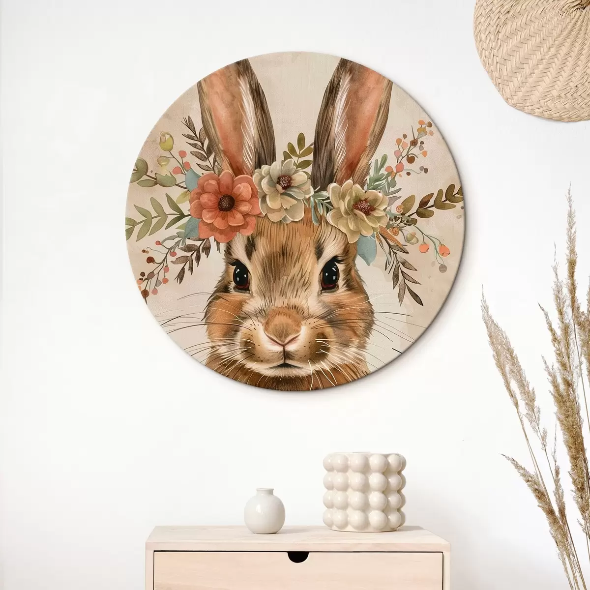 Tableaux rondes Lièvre mignon avec des fleurs en style aquarelle r45332