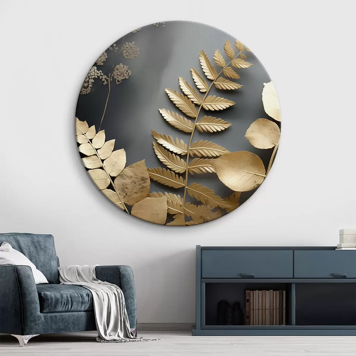 Tableaux rondes Branches d'eucalyptus et feuilles tropicales sur fond sombre r45333