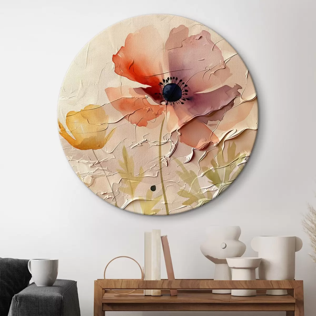 Tableaux rondes Arrangement de fleurs translucides sur fond clair r45338