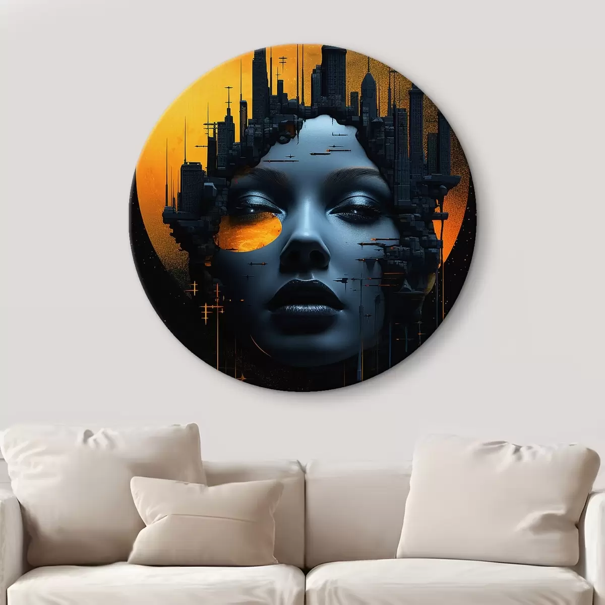 Tableaux rondes Personnes, visage de fille sur fond de ville, abstrait r45341