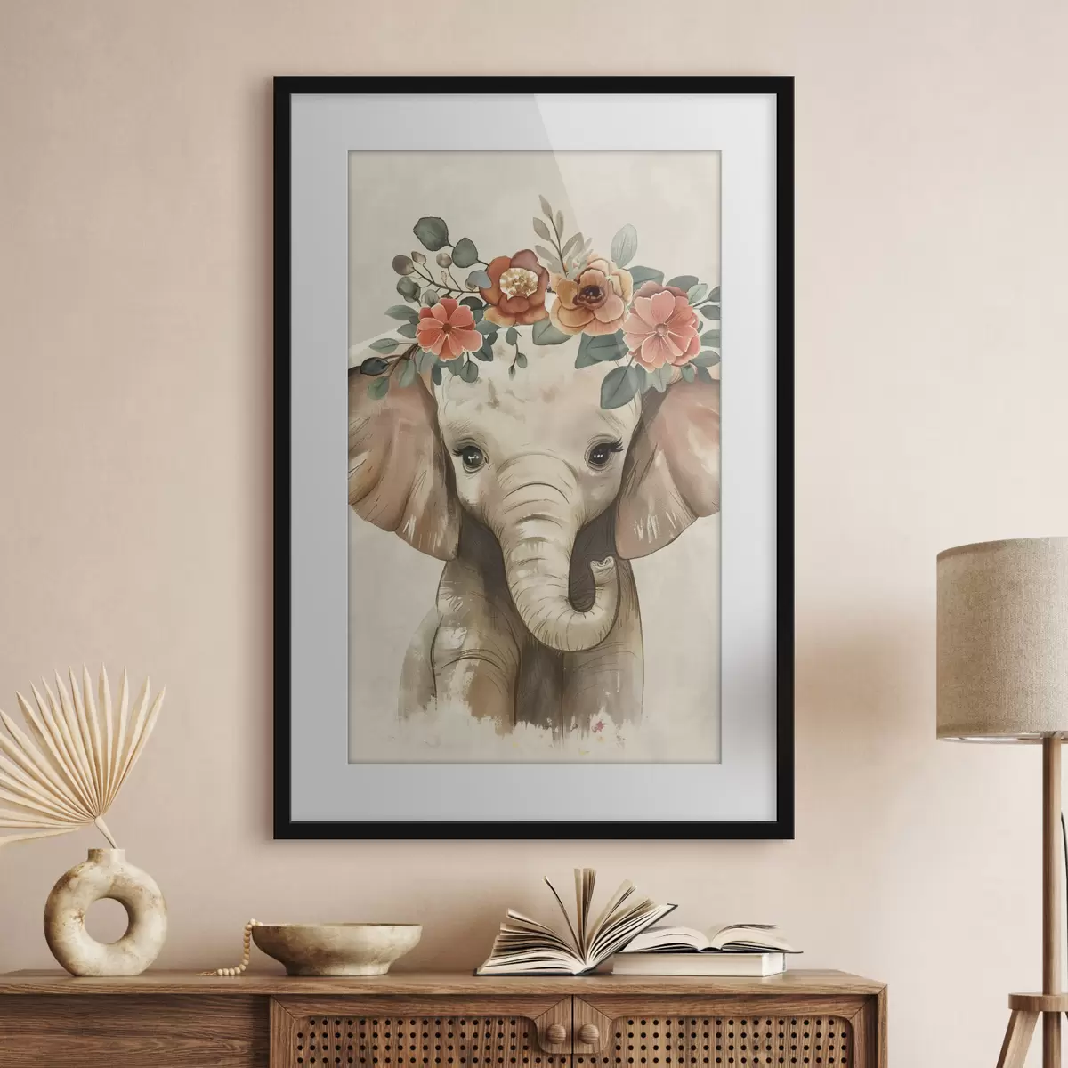 Poster Mignon éléphant aquarelle avec des fleurs f45330