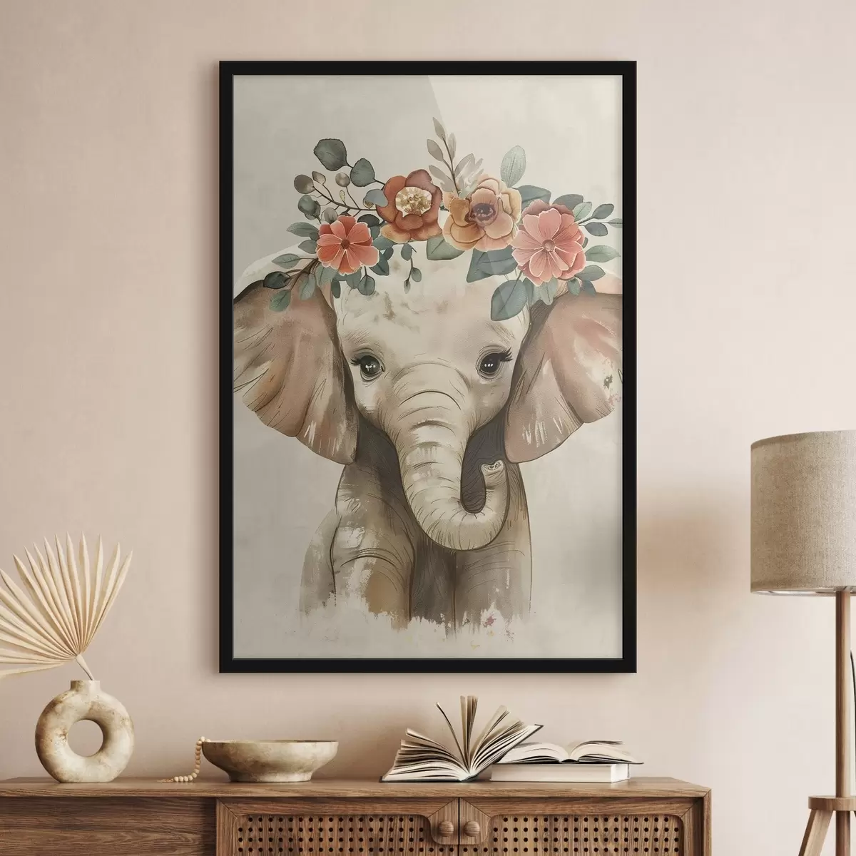 Poster Mignon éléphant aquarelle avec des fleurs f45330