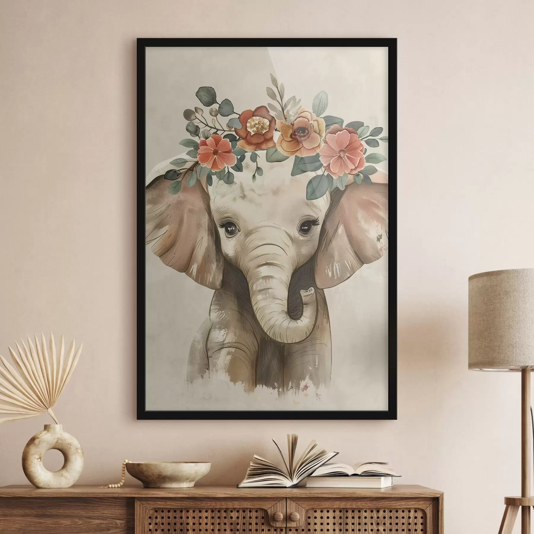 Papier peint Mignon éléphant aquarelle avec des fleurs f45330