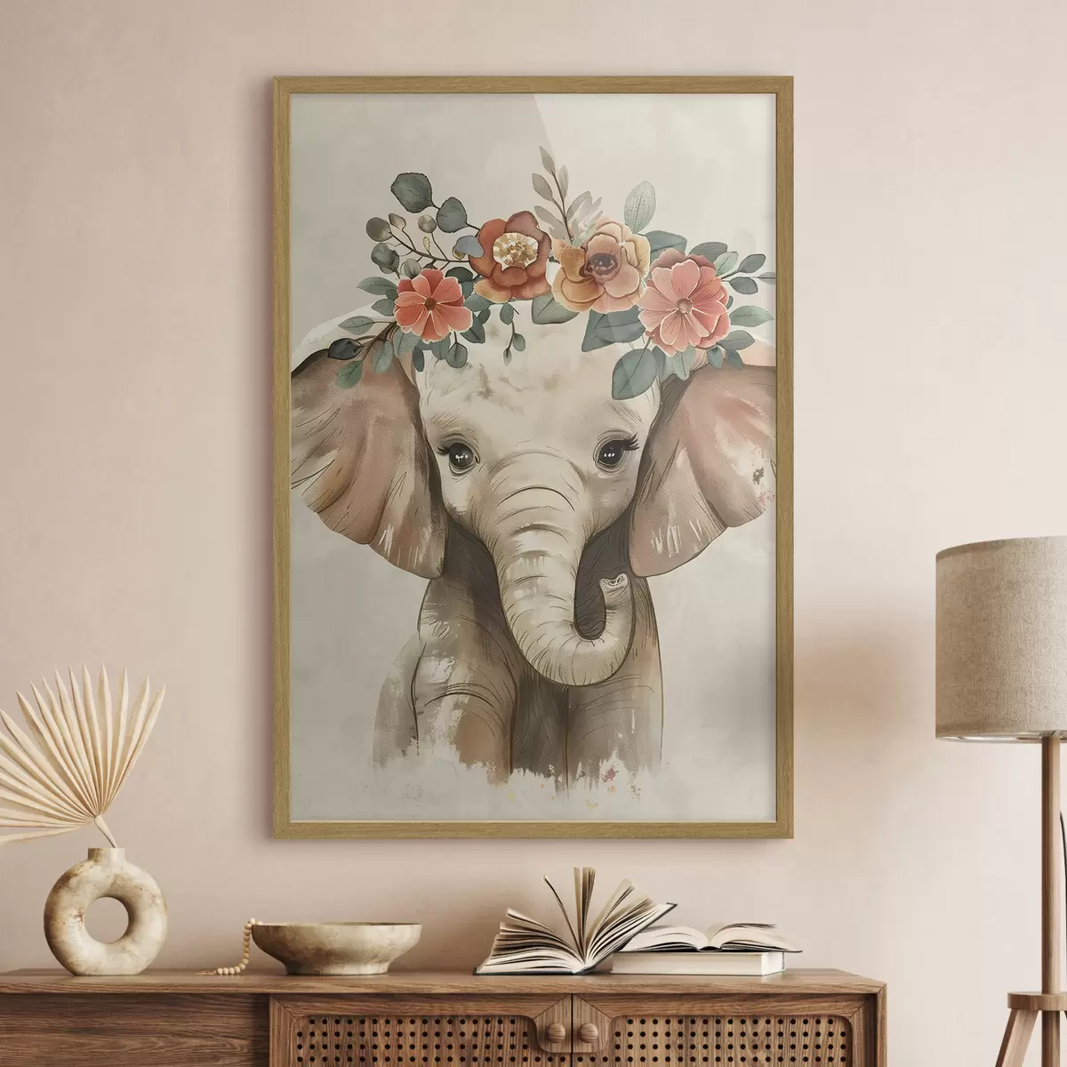 Poster Mignon éléphant aquarelle avec des fleurs f45330