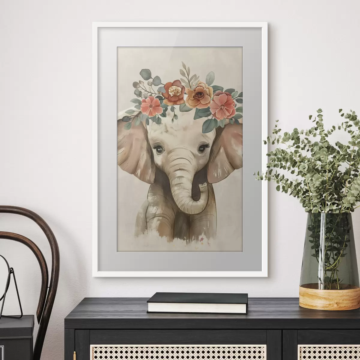 Poster Mignon éléphant aquarelle avec des fleurs f45330