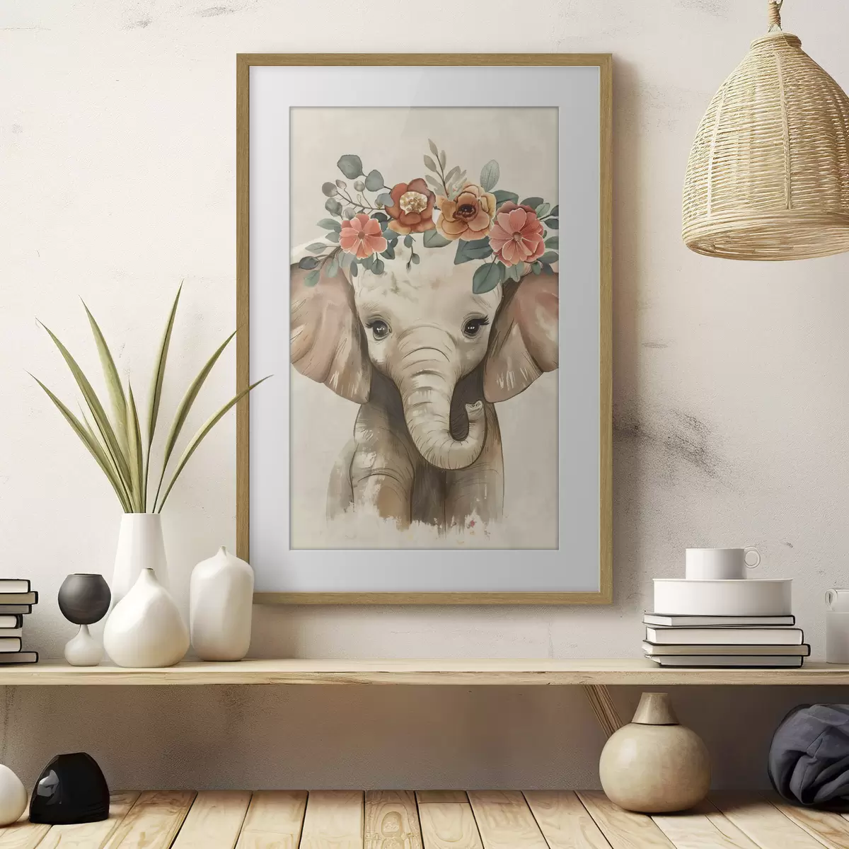 Poster Mignon éléphant aquarelle avec des fleurs f45330