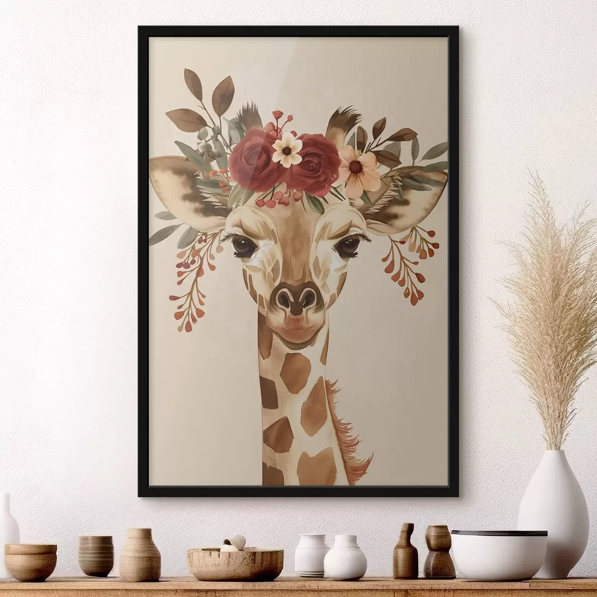 Poster Girafe en style aquarelle avec des fleurs sur la tête f45331