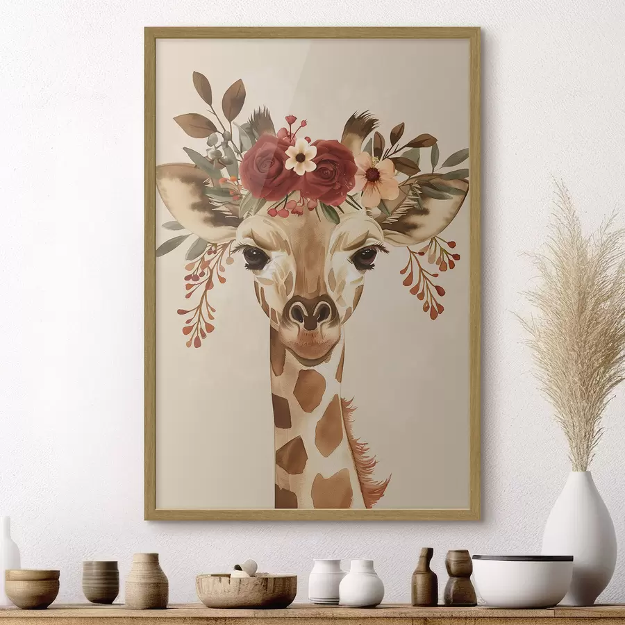 Papier peint Girafe en style aquarelle avec des fleurs sur la tête f45331