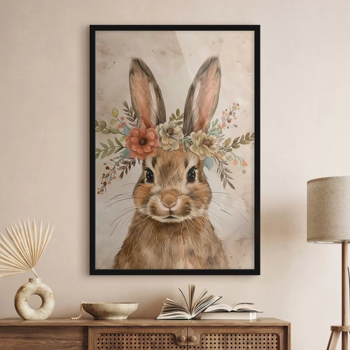 Poster Lièvre mignon avec des fleurs en style aquarelle f45332