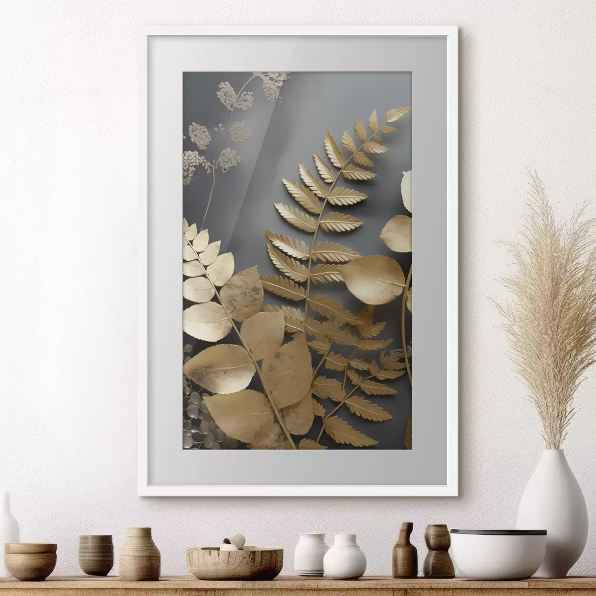 Poster Branches d'eucalyptus et feuilles tropicales sur fond sombre f45333
