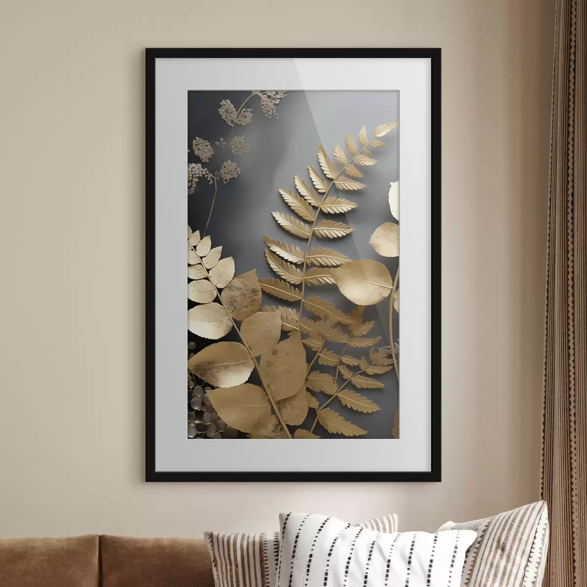 Poster Branches d'eucalyptus et feuilles tropicales sur fond sombre f45333