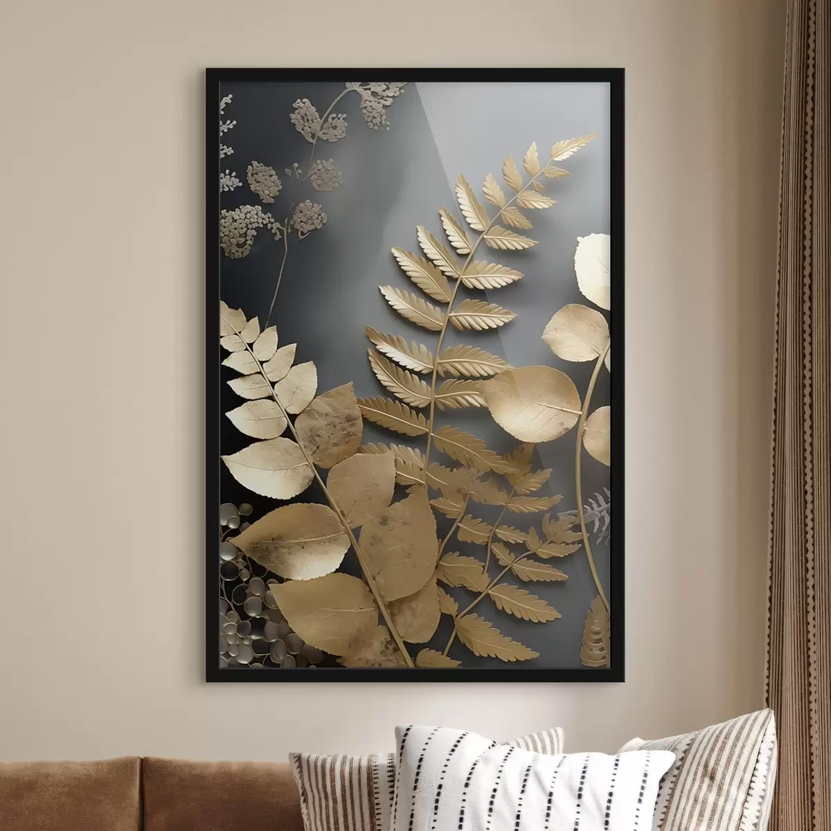 Poster Branches d'eucalyptus et feuilles tropicales sur fond sombre f45333