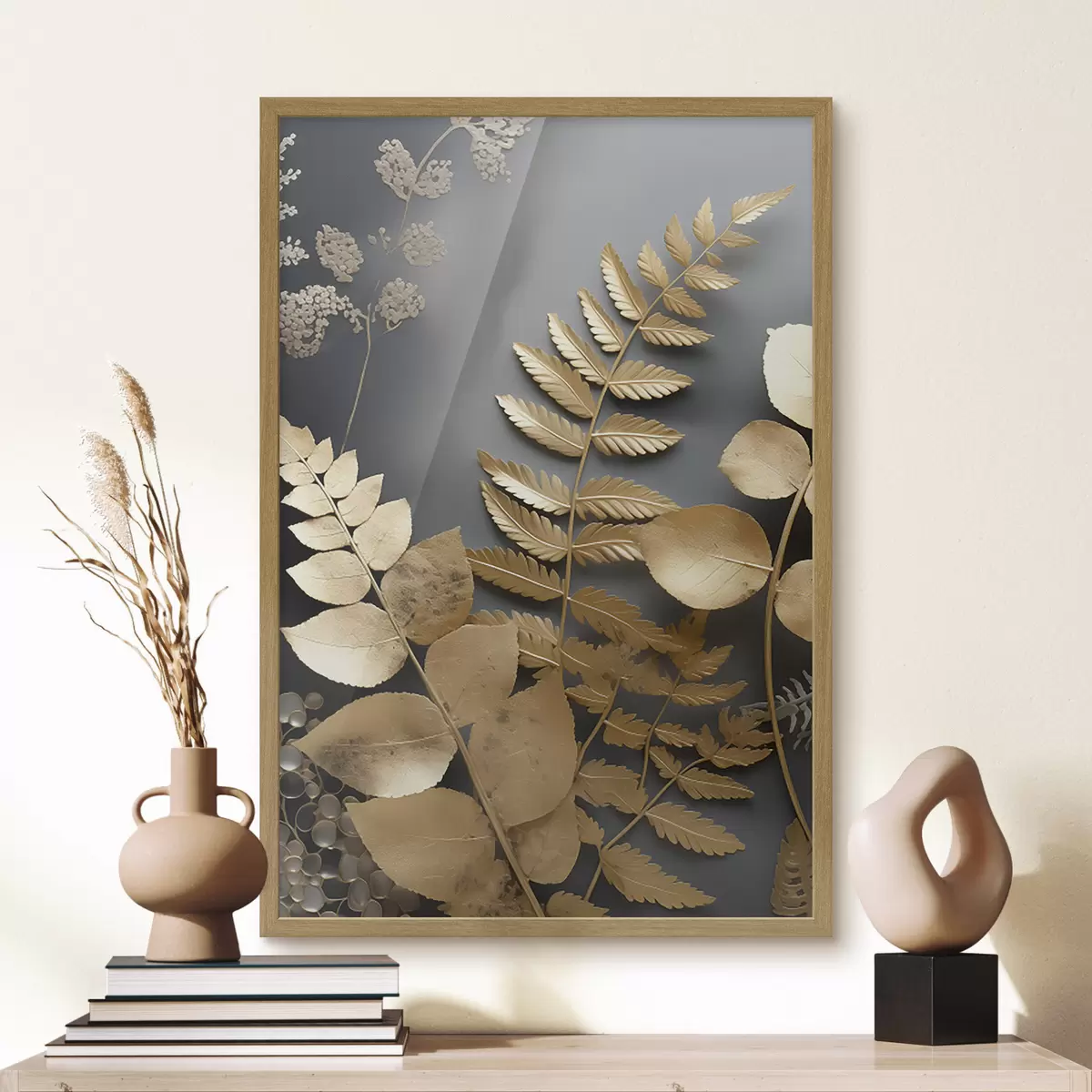 Poster Branches d'eucalyptus et feuilles tropicales sur fond sombre f45333