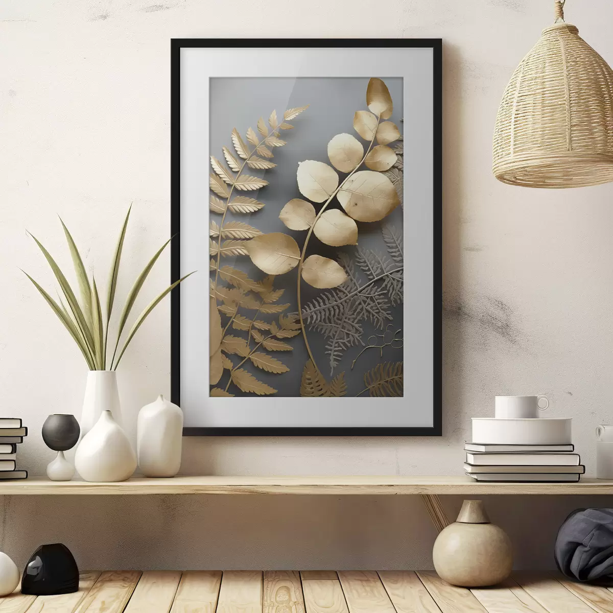 Poster Branches de fougères et d'eucalyptus sur fond sombre f45334