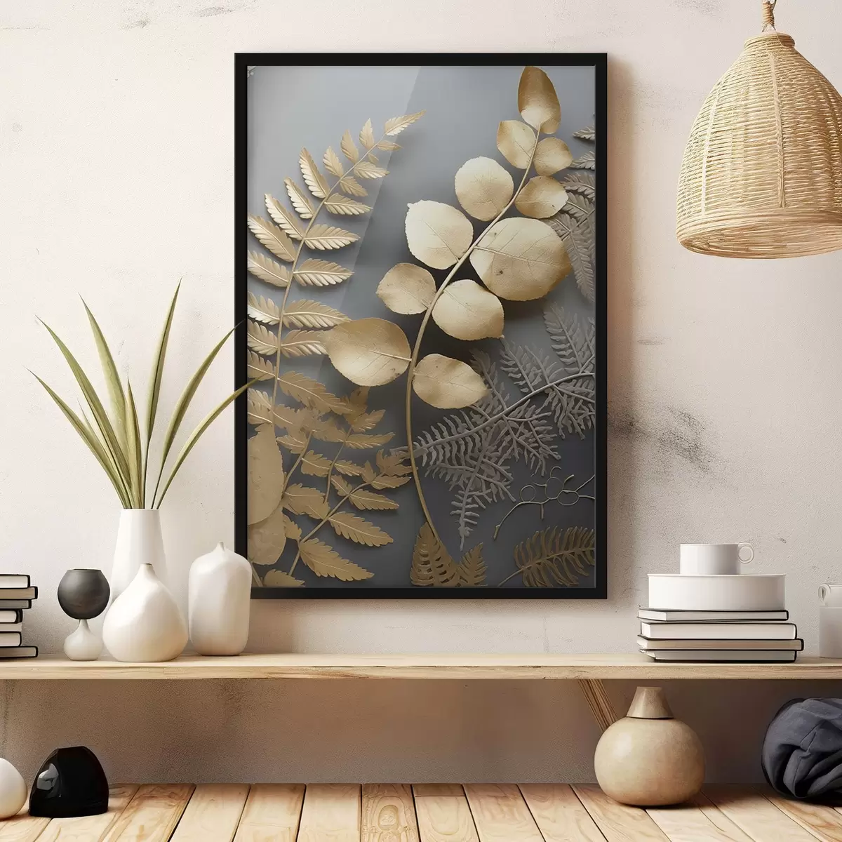 Poster Branches de fougères et d'eucalyptus sur fond sombre f45334