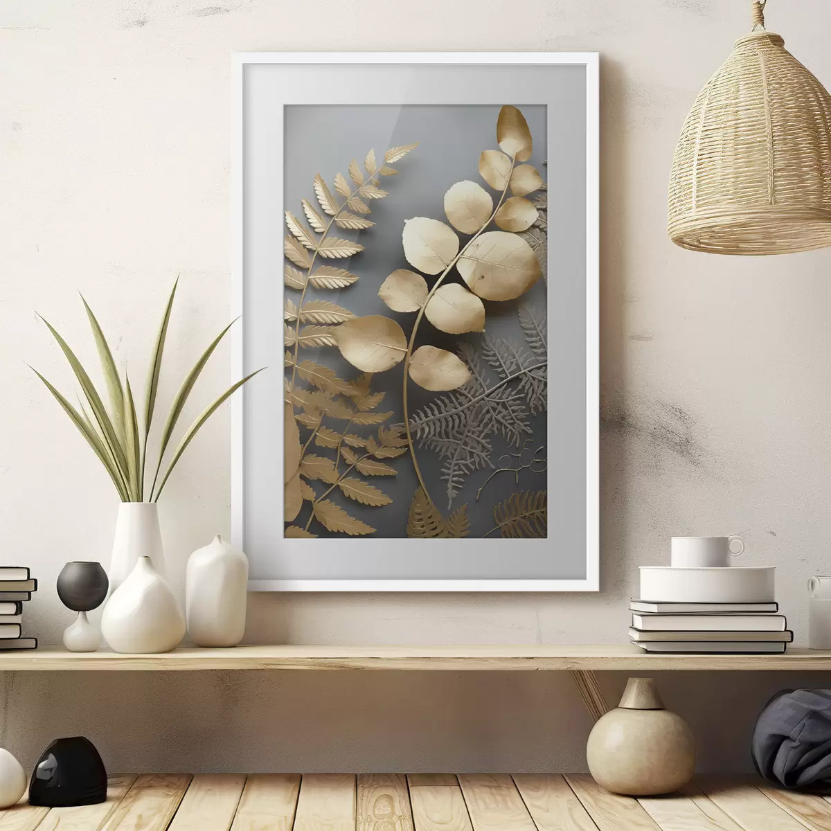 Poster Branches de fougères et d'eucalyptus sur fond sombre f45334