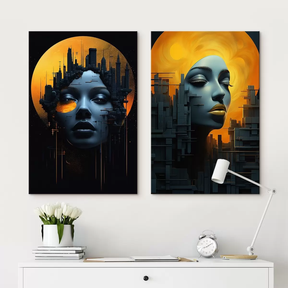 Tableau Portrait d'une jeune fille sur fond de ville abstraite m00618