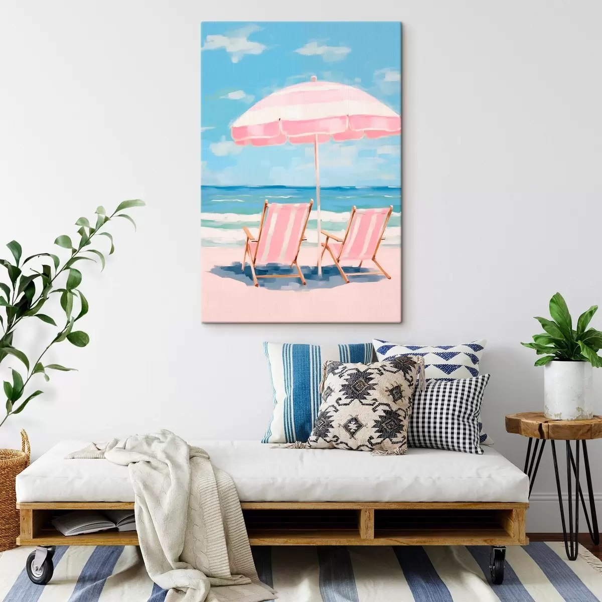 Tableau Parasol et chaises longues sur la côte s45442