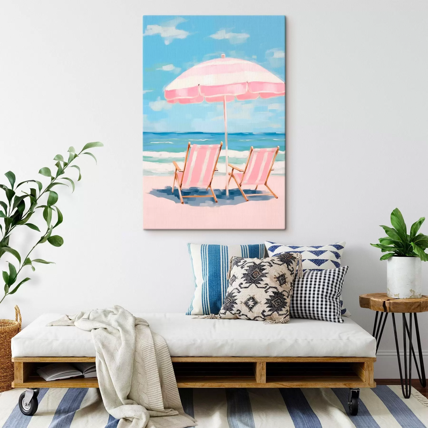 Tableau Parasol et chaises longues sur la côte s45442