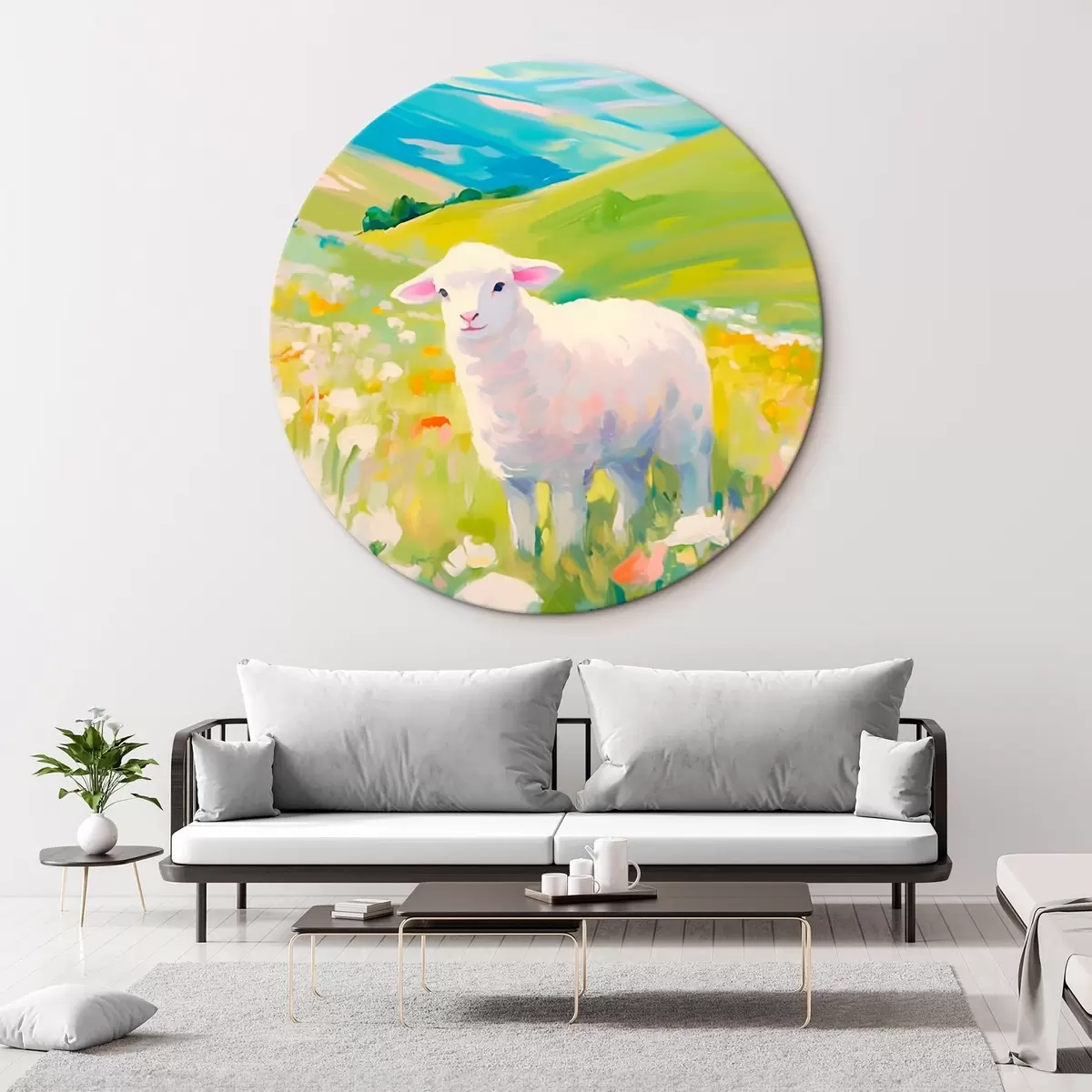 Tableaux rondes Agneau dans un champ de fleurs r45426