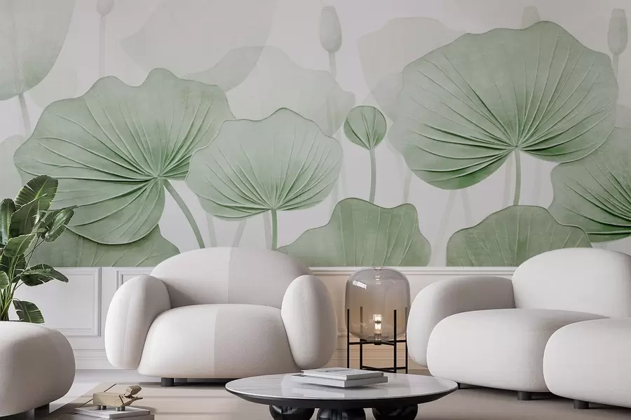 Papier peint Feuilles de lotus avec imitation de texture vieillie w04412