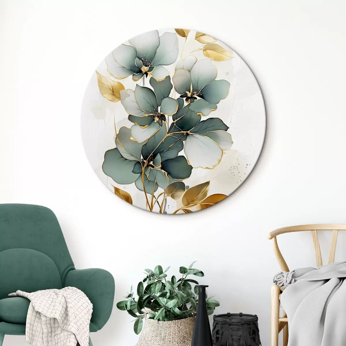 Tableaux rondes Branche abstraite avec fleurs et feuilles r45367