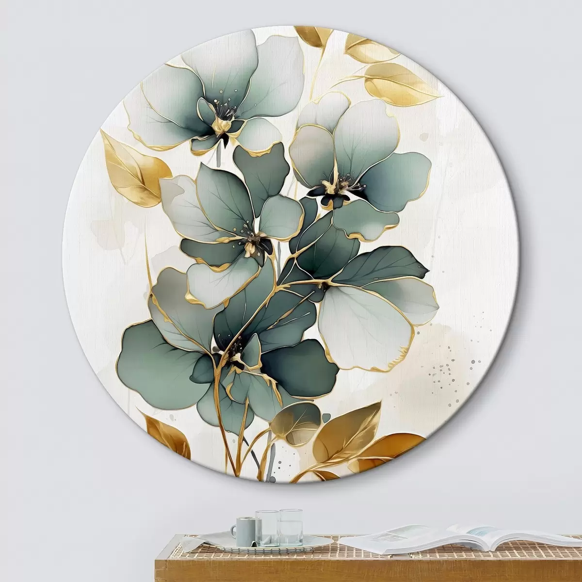 Tableaux rondes Branche abstraite avec fleurs et feuilles r45367