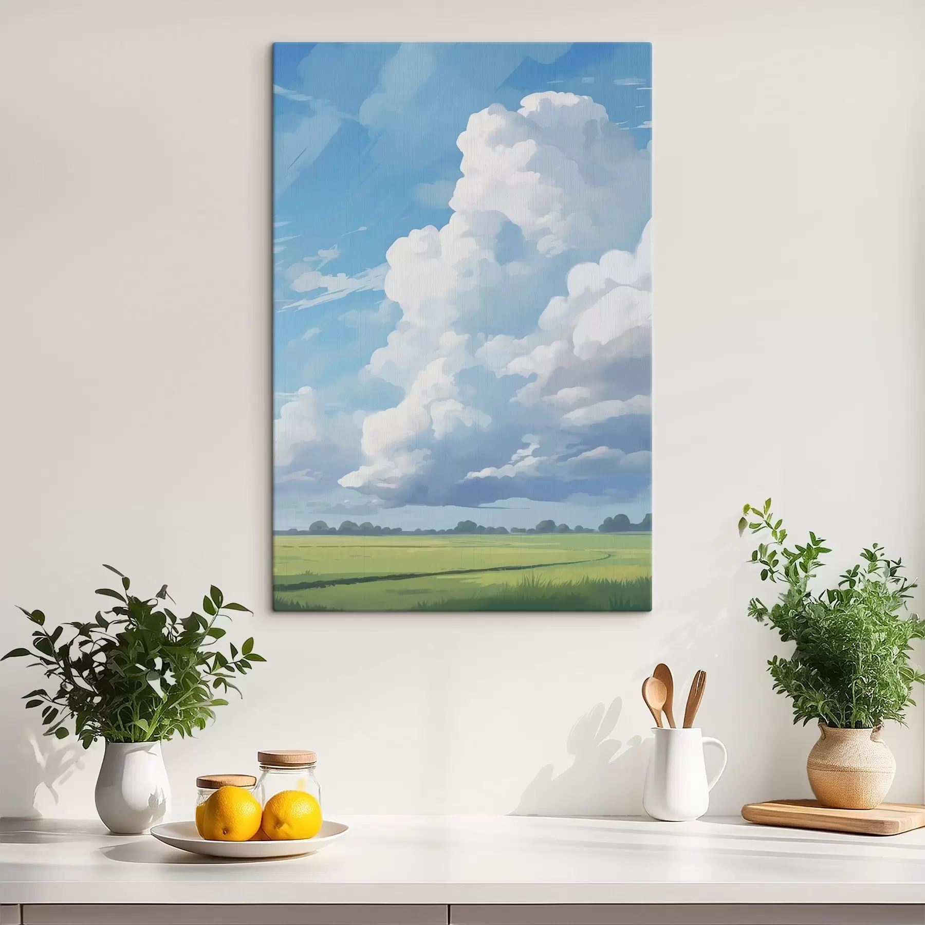 Tableau Champ contre le ciel avec d'énormes nuages s45453