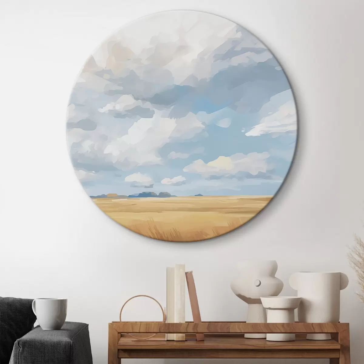 Tableaux rondes Champ de blé contre le ciel avec d'énormes nuages r45454
