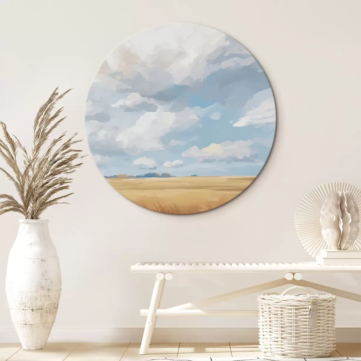 Tableaux rondes Champ de blé contre le ciel avec d'énormes nuages r45454