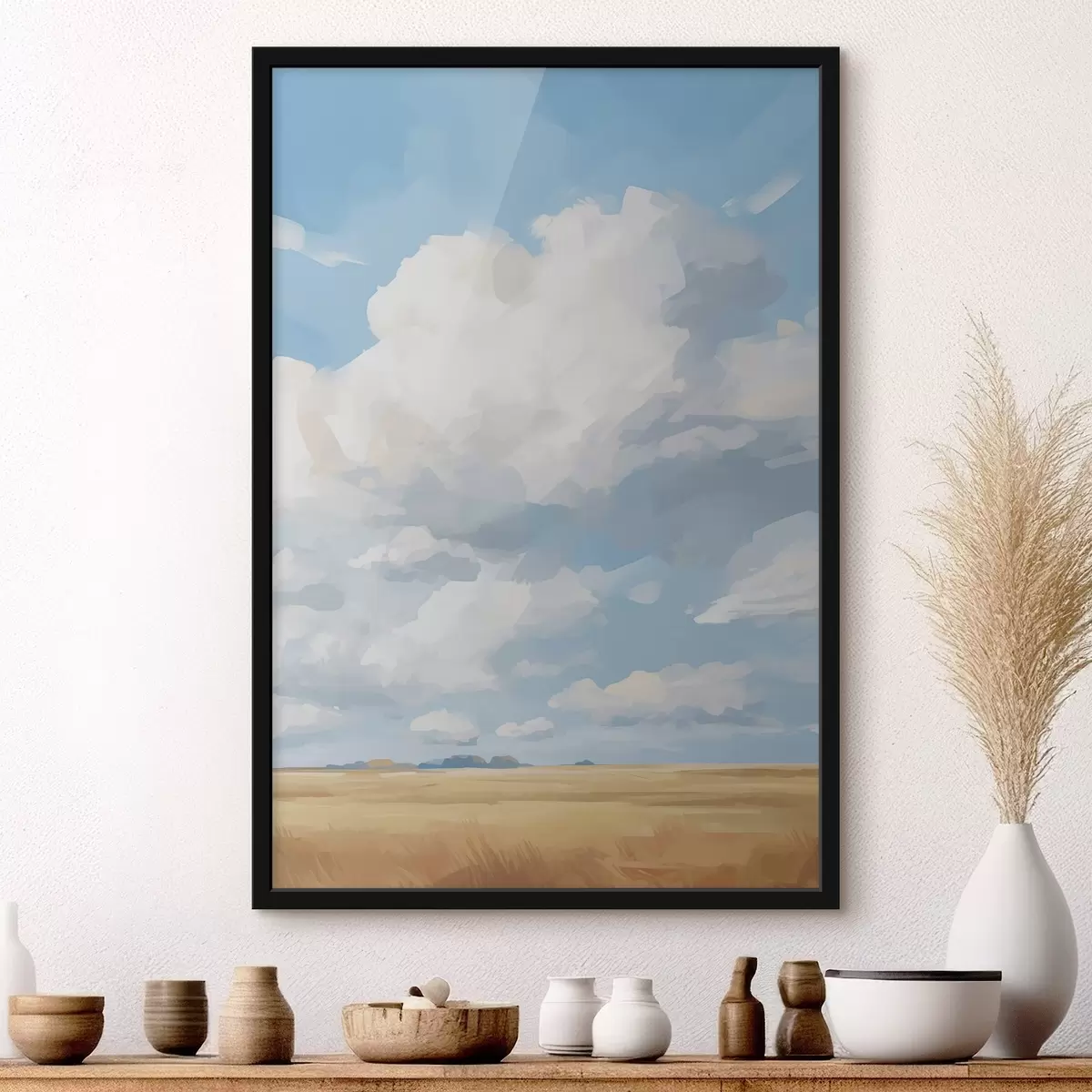 Poster Champ de blé contre le ciel avec d'énormes nuages f45454