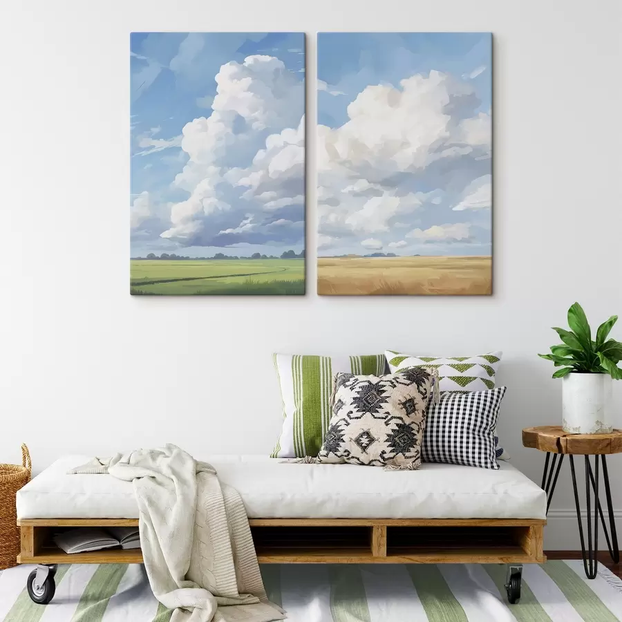Tableau Champ contre le ciel avec d'énormes nuages m00624