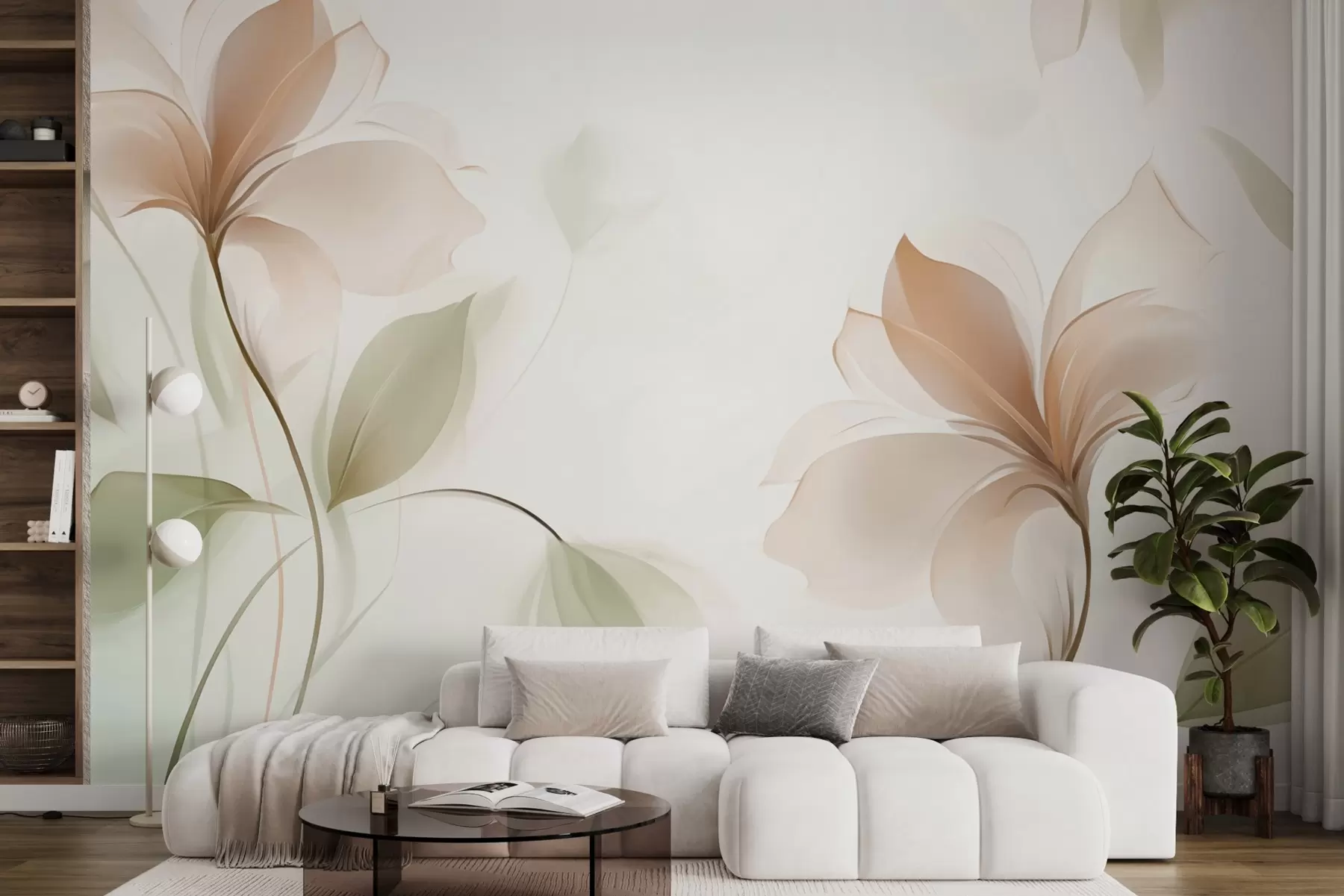 Papier peint Fleurs transparentes dans des tons chauds de beige et de rose w04397