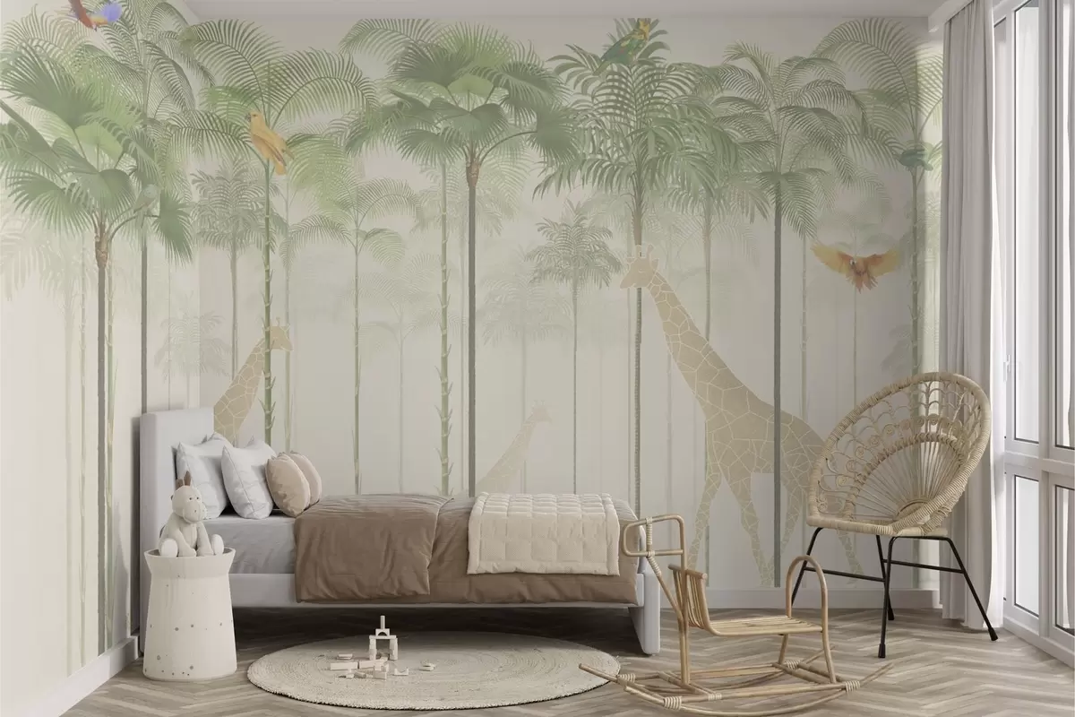 Papier peint Girafes et oiseaux tropicaux parmi les grands palmiers w04400