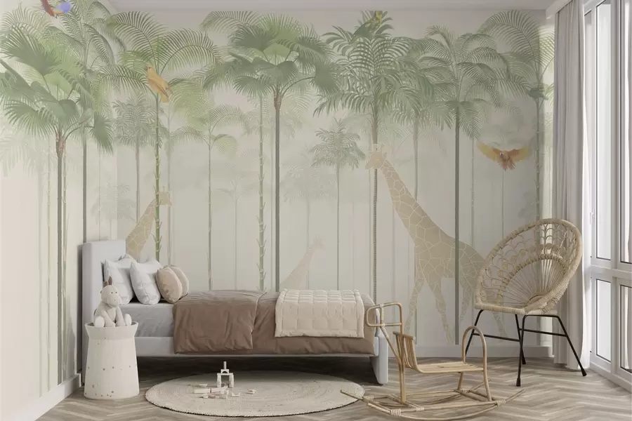 Papier peint Girafes et oiseaux tropicaux parmi les grands palmiers w04400