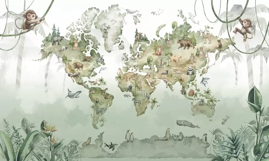 Papier peint Carte du monde à l'aquarelle avec des animaux w04418
