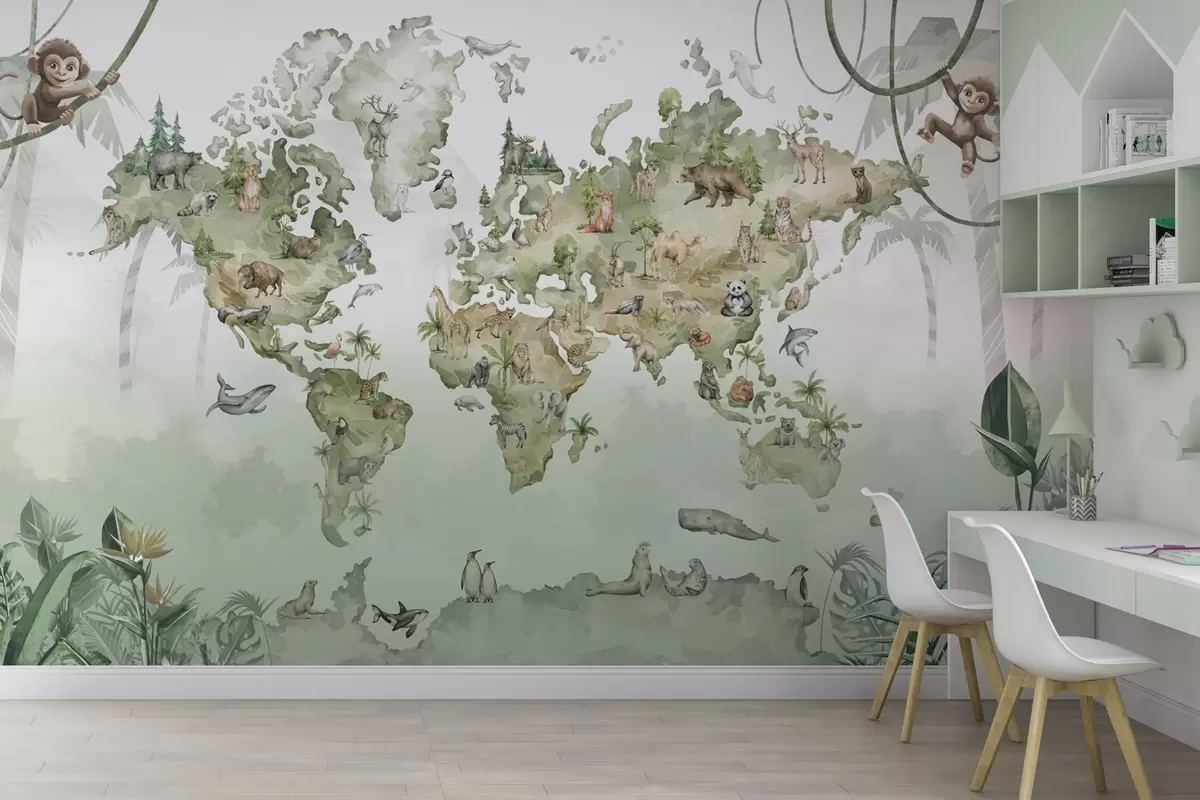 Papier peint Carte du monde à l'aquarelle avec des animaux w04418