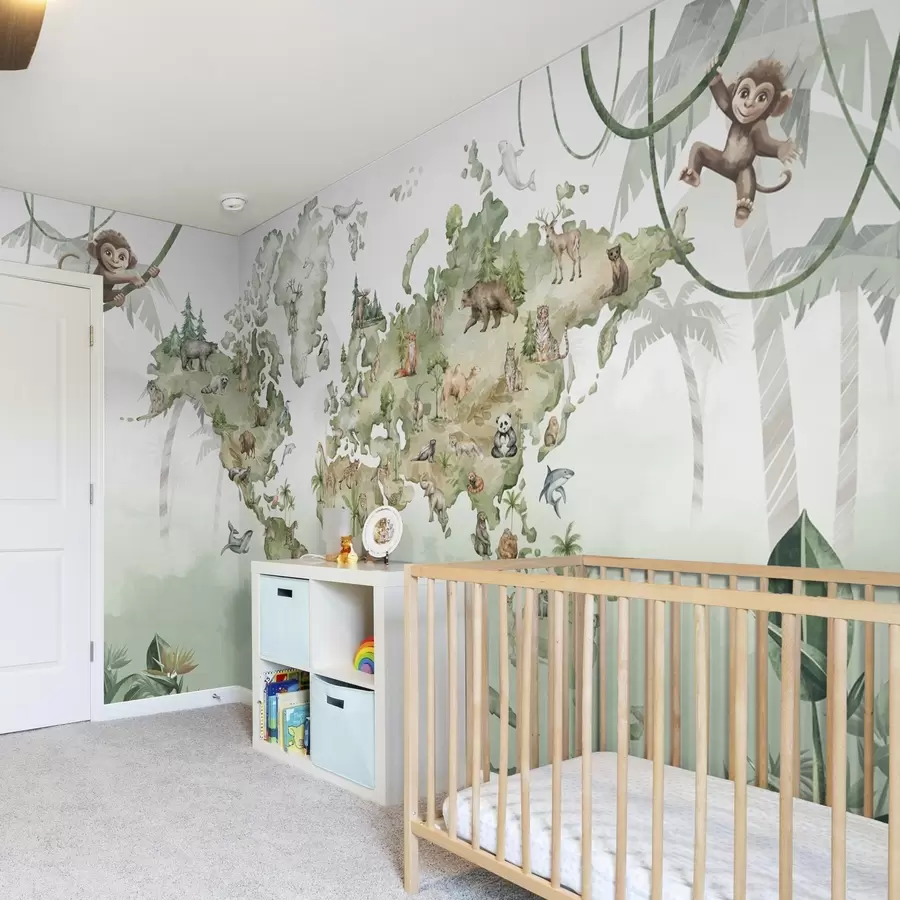 Papier peint Carte du monde illustrée avec des animaux et des jungles w04418v1