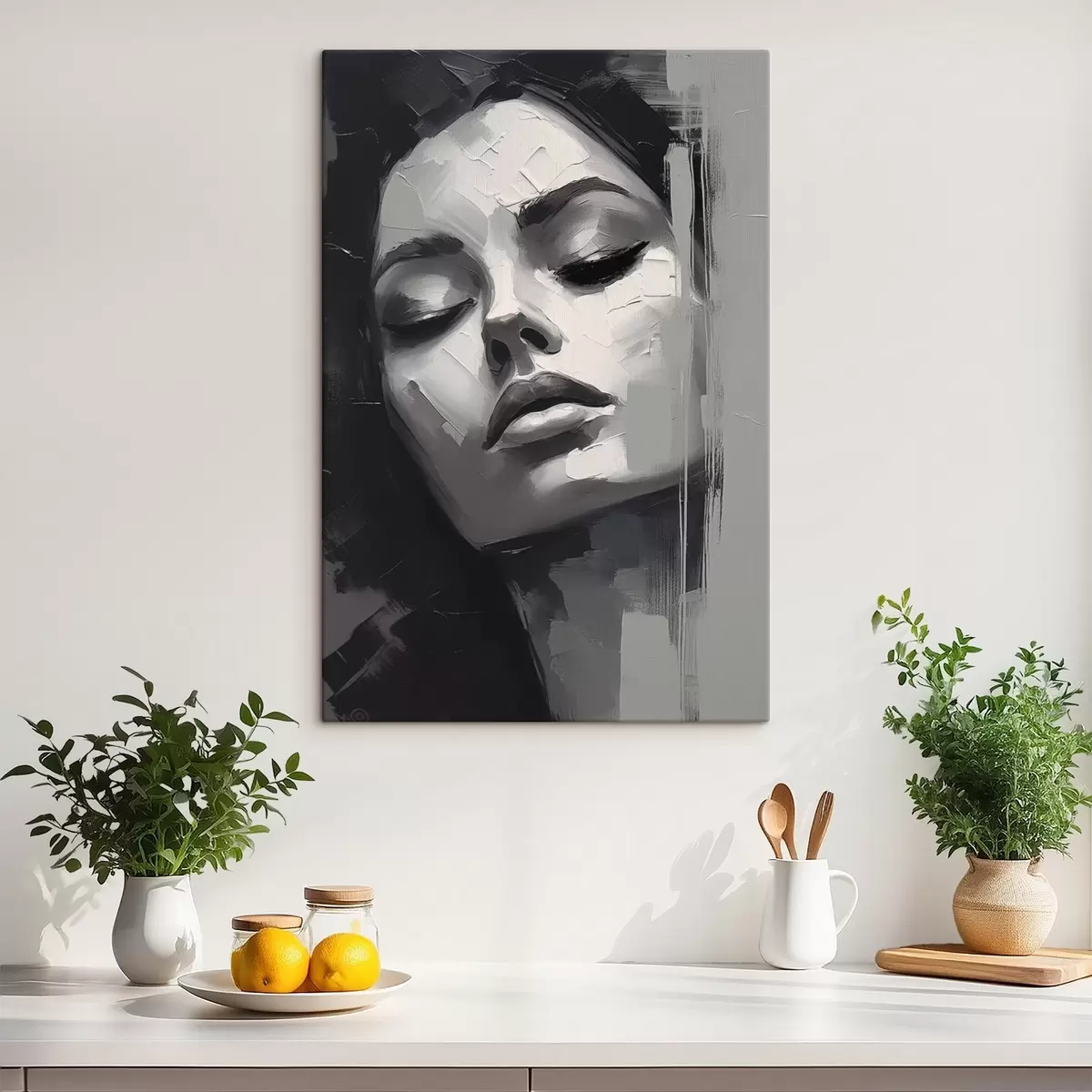 Tableau Portrait en noir et blanc d'une femme aux yeux fermés s45479