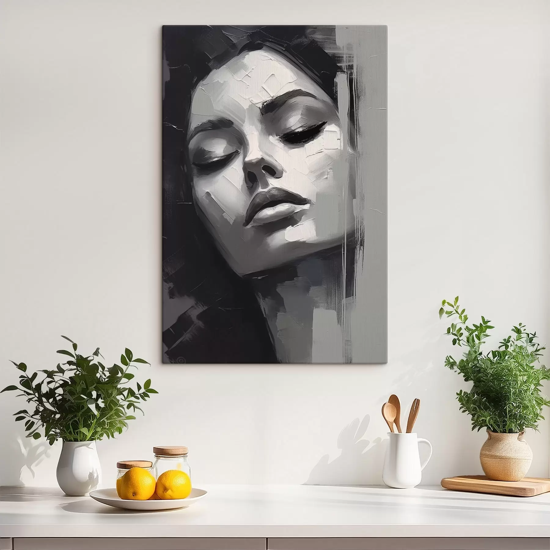 Tableau Portrait en noir et blanc d'une femme aux yeux fermés s45479