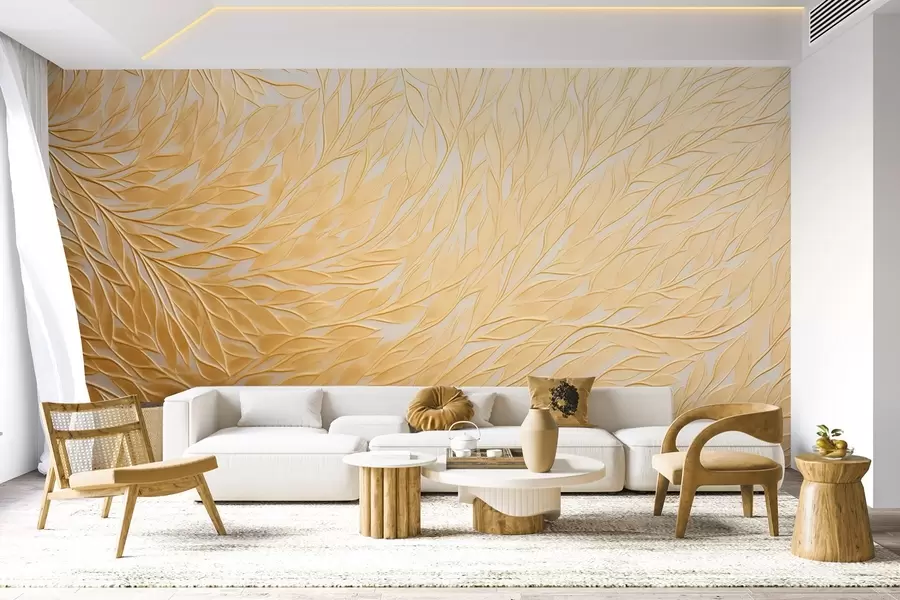 Papier peint Motif de feuilles gaufrées dans des tons chauds de jaune miel w09325