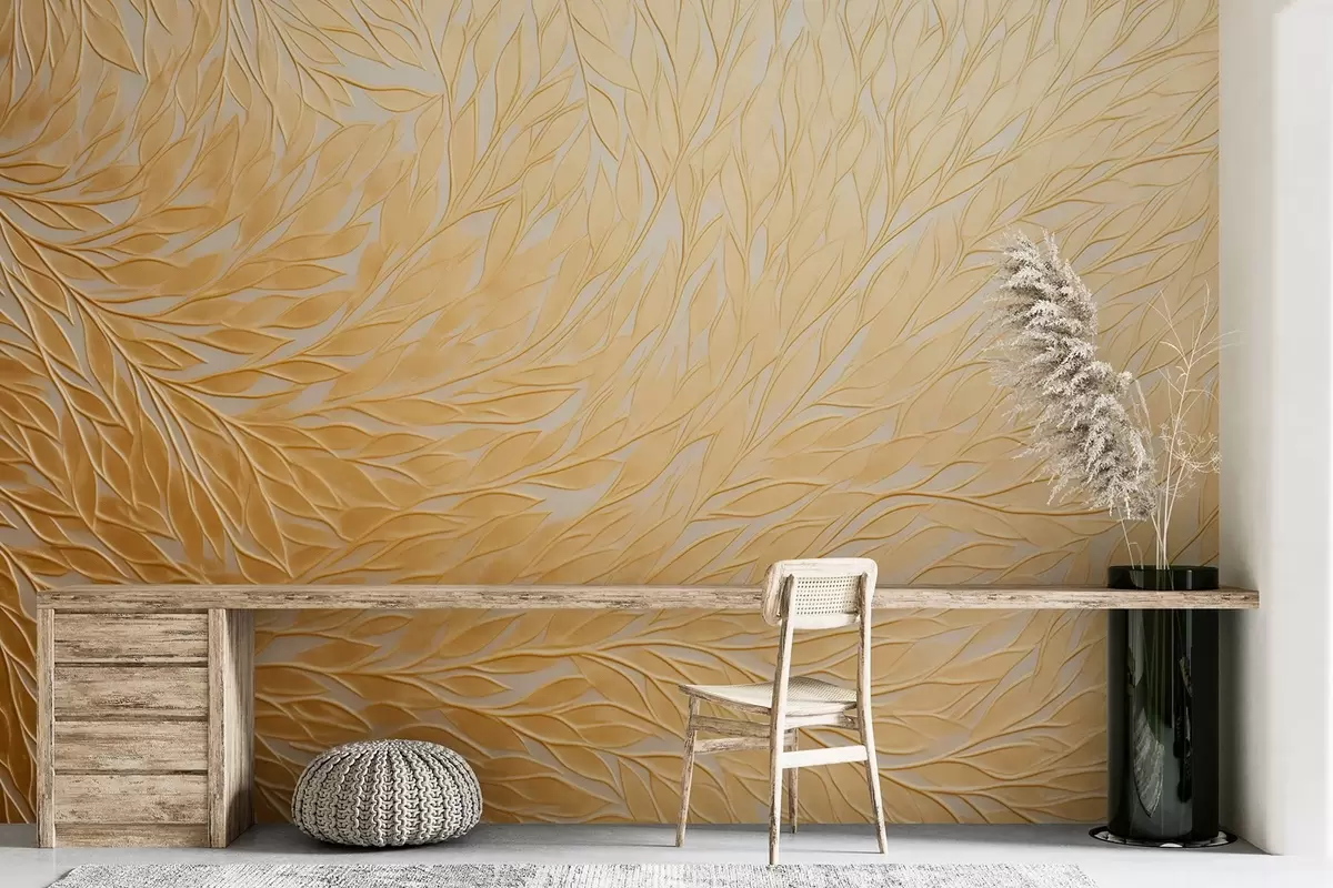Papier peint Motif de feuilles gaufrées dans des tons chauds de jaune miel w09325