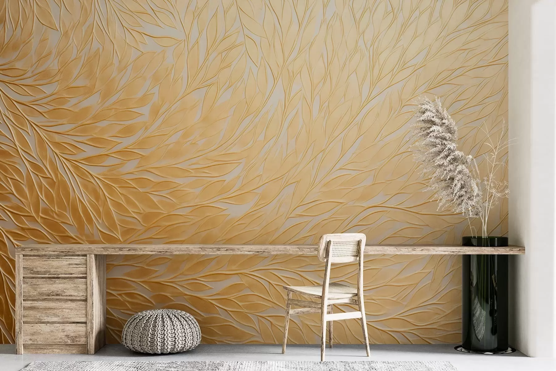 Papier peint Motif de feuilles gaufrées dans des tons chauds de jaune miel w09325