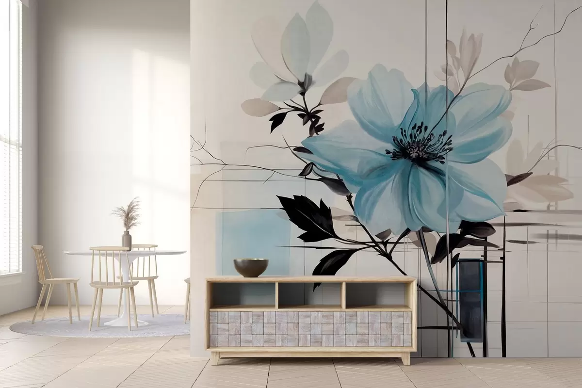 Papier peint Fleur bleue abstraite texturée avec des feuilles et des branches sombres, des formes géométriques minimalistes et des lignes dans des couleurs sourdes w09332