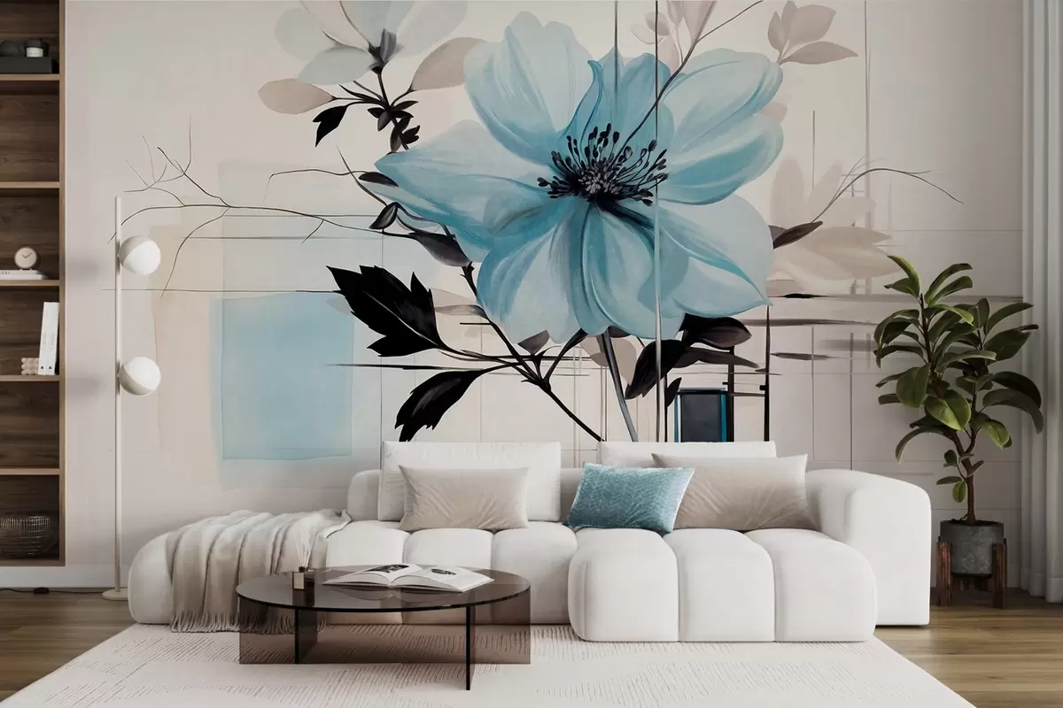 Papier peint Fleur bleue abstraite texturée avec des feuilles et des branches sombres, des formes géométriques minimalistes et des lignes dans des couleurs sourdes w09332