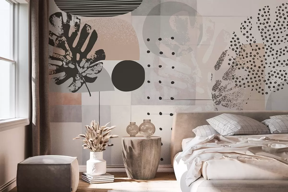 Papier peint Impression abstraite avec des formes géométriques et des feuilles tropicales de monstera, des cercles, des points et des lignes, un design moderne et minimaliste w09333