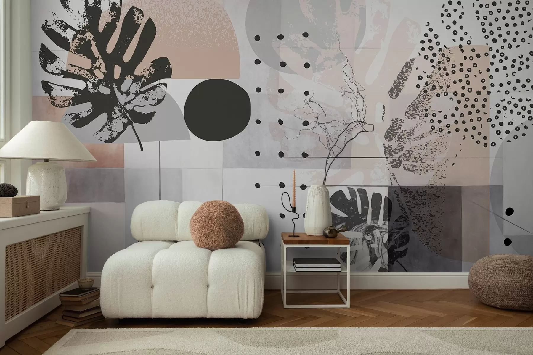Papier peint Impression abstraite avec des formes géométriques et des feuilles tropicales de monstera, des cercles, des points et des lignes, un design moderne et minimaliste w09333