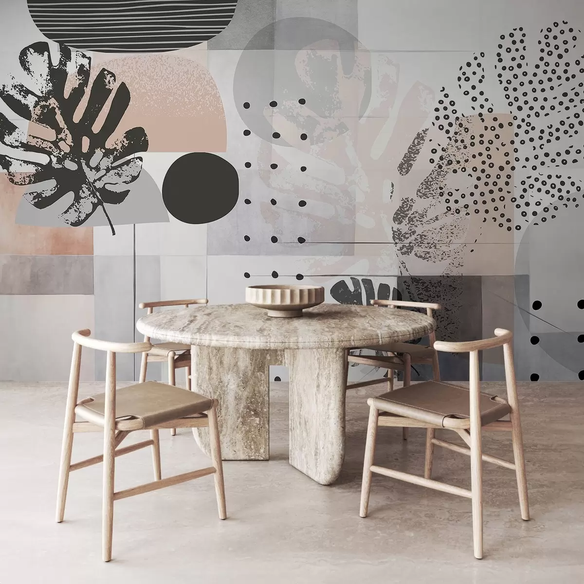 Papier peint Impression abstraite avec des formes géométriques et des feuilles tropicales de monstera, des cercles, des points et des lignes, un design moderne et minimaliste w09333