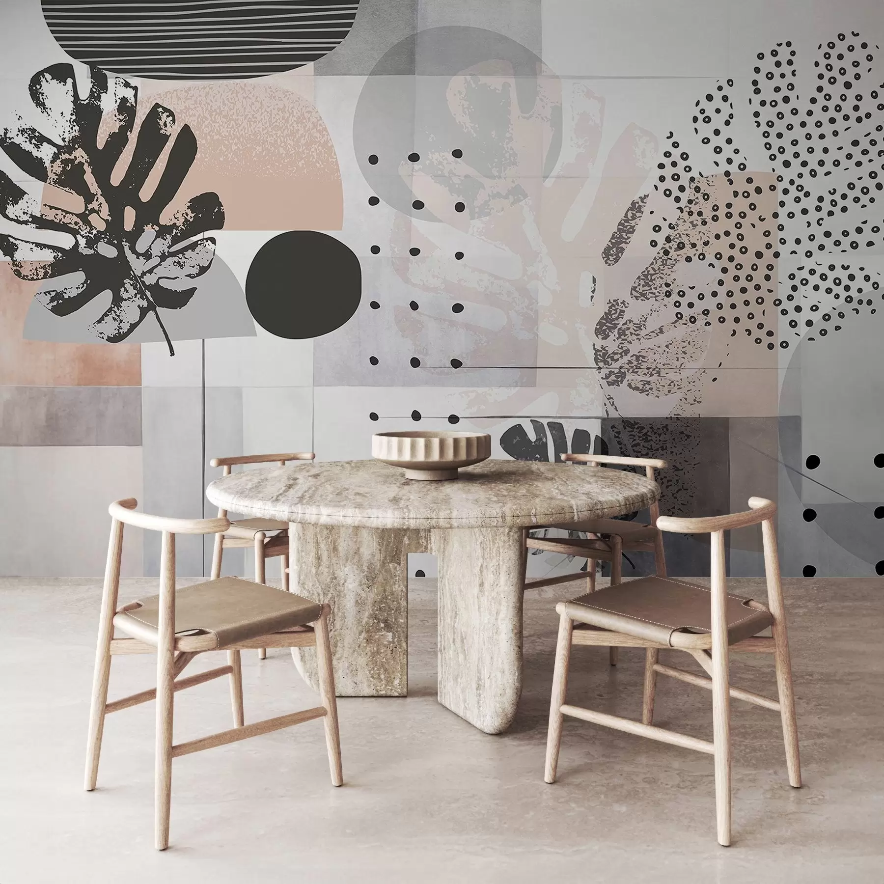 Papier peint Impression abstraite avec des formes géométriques et des feuilles tropicales de monstera, des cercles, des points et des lignes, un design moderne et minimaliste w09333