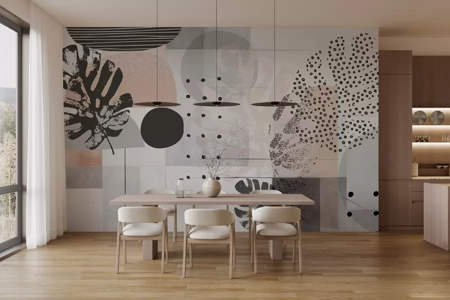 Papier peint Impression abstraite avec des formes géométriques et des feuilles tropicales de monstera, des cercles, des points et des lignes, un design moderne et minimaliste w09333